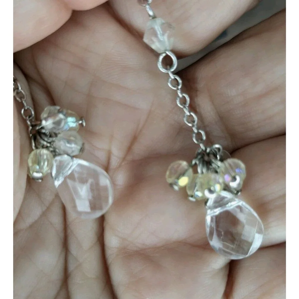 Cookie Lee Crystal Dangle Earrings Clear AB Bead Drop Silver Tone Jewelry #354